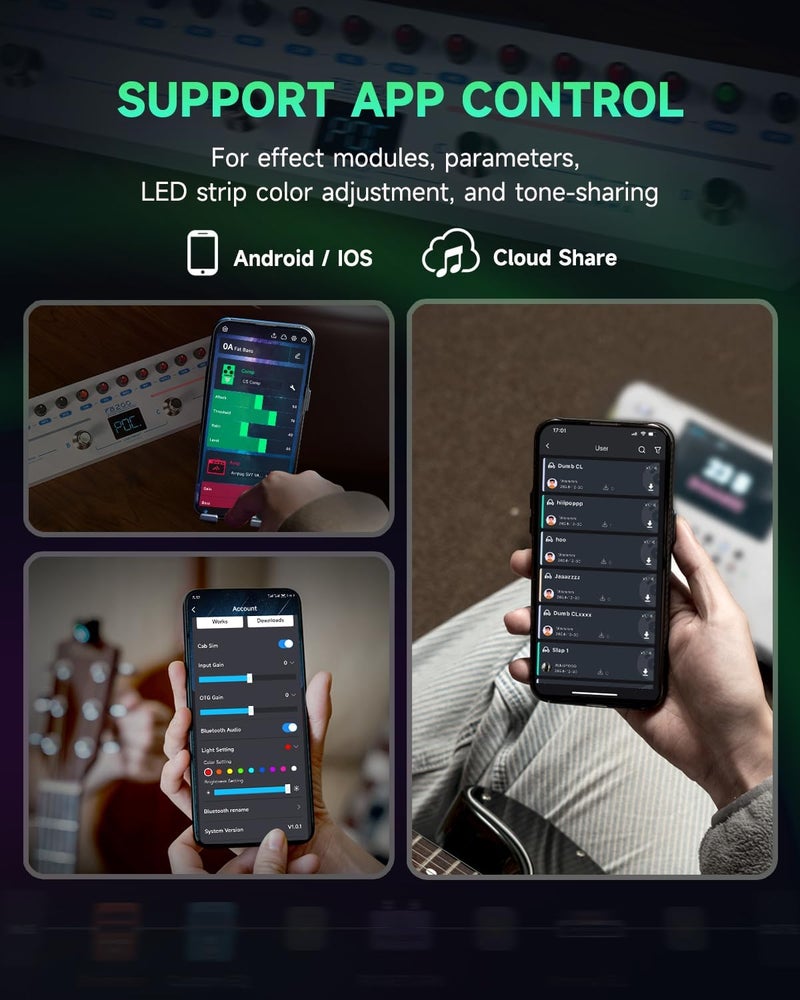 FLAMMA FB200 Bass Multi-Effects Pedal Intelligent Processor with 10 Bass-specific AMP models 10 CAB Sim 9 IR Slots 40 Drum Rhythm 40 Presets 5 Mod 5 Reverb Tuner APP Control Headphone Output - Image 4